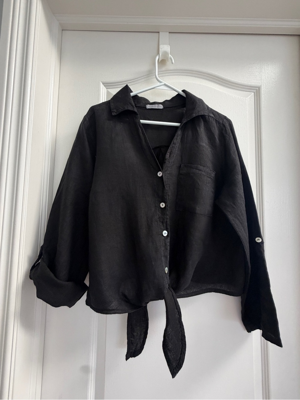 Black Tie-Front Button Shirt